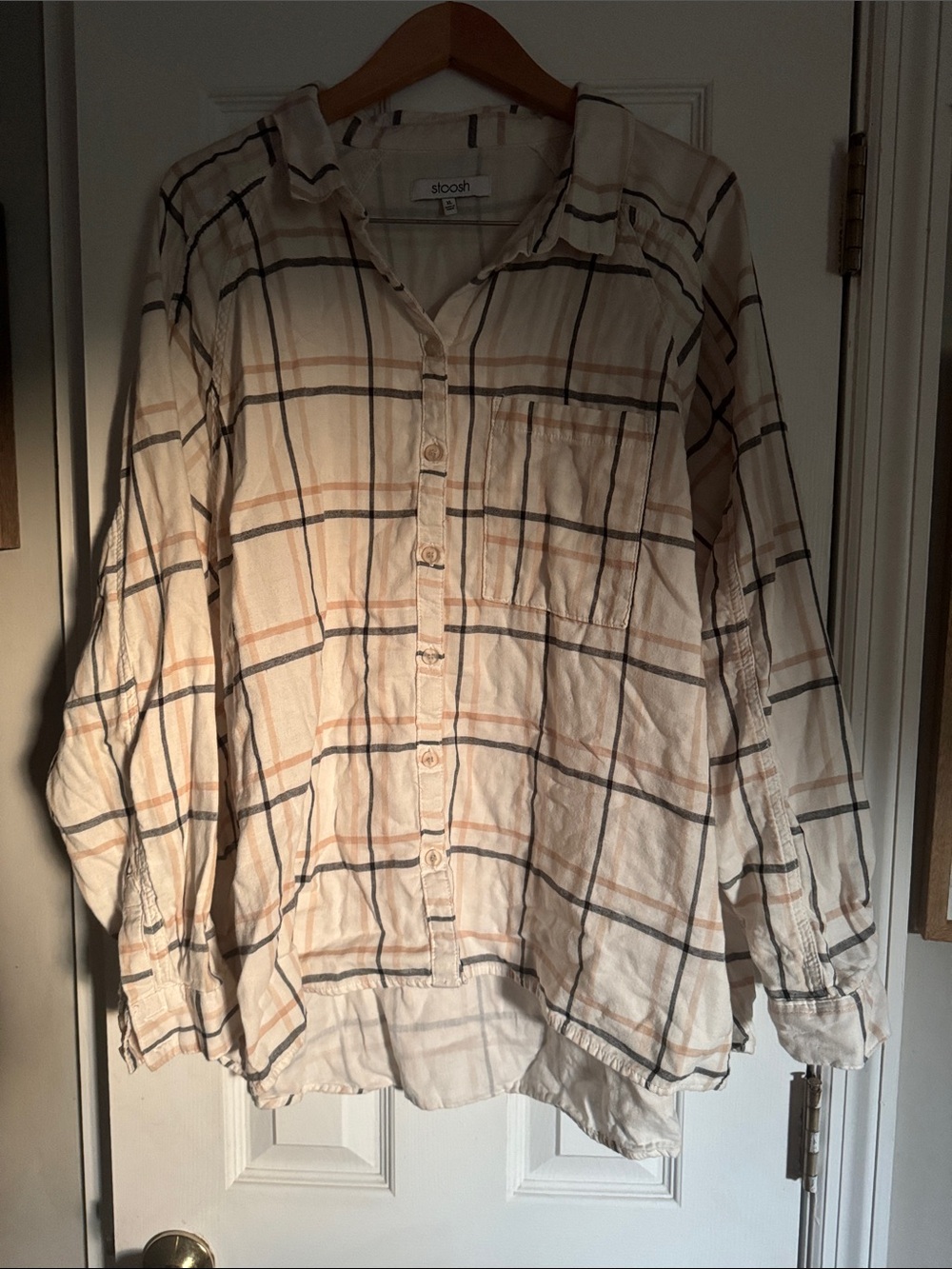 Stoosh Cream Plaid Button-Down Shirt with Tan & Black Lines